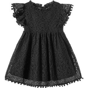 Girls Elegant Lace Pom Pom Flutter Sleeve Party Princess Dress BLACK 5T